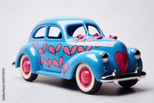 Miniature retro blue car with pink hearts. Generative AI
