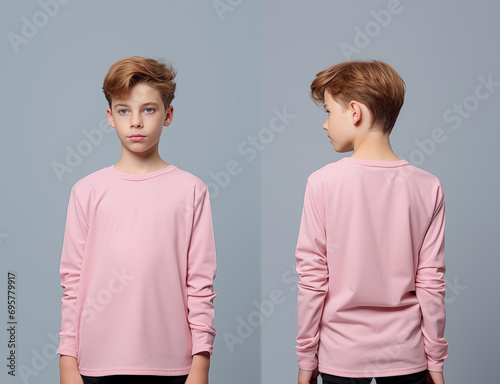 Front and back views of a little boy wearing a pink long-sleeve T-shirt