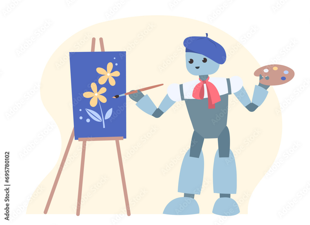 Cute robot artist paints picture on canvas. Art generated by artificial intelligence.