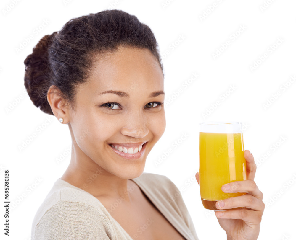 Happy, portrait or woman with orange juice in studio for wellness, nutrition or detox on white background. Face, smile or female nutritionist with glass of vitamin C, supplement or health fruit drink Happy, portrait or woman with orange juice in studio for wellness, nutrition or detox on white background. Face, smile or female nutritionist with glass of vitamin C, supplement or health fruit drink
