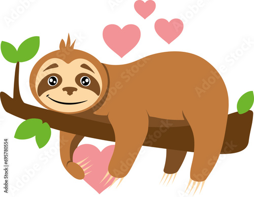 Cute cartoon sloth with pink heart. Valentines day sloth illustration