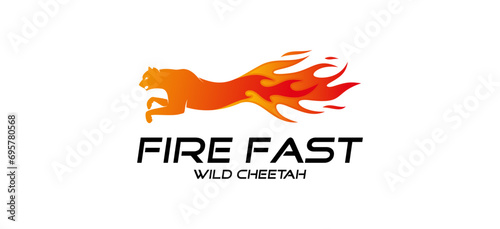 Vector wild animal leopard running with blazing fire, leopard fire logo