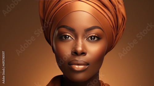 Elegant woman wearing traditional headscarf with grace. Cultural beauty and identity.