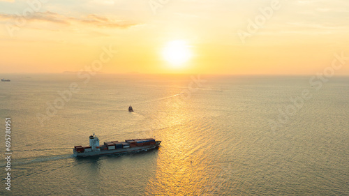 Aerial view of the freight shipping transport system cargo ship container. international transportation Export-import business  logistics  transportation industry concepts  