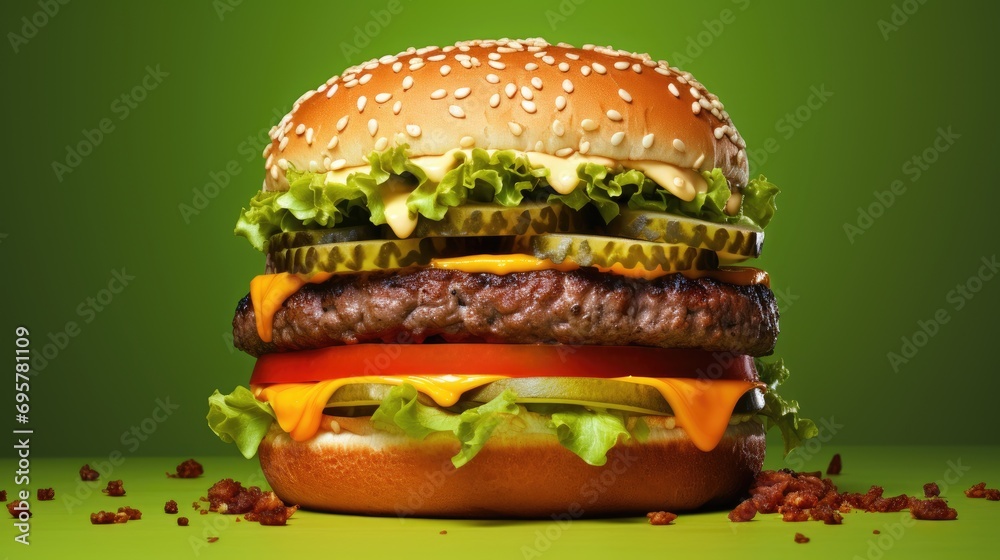 Cheese Burger, center, studio photos, light green background Cheese Burger, center, studio photos, light green background