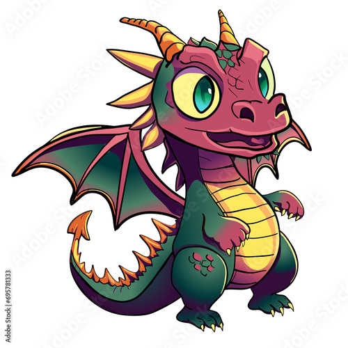 Cute cartoon greenpurple baby dragon character isolated vector illustration symbol year of dragon 2024