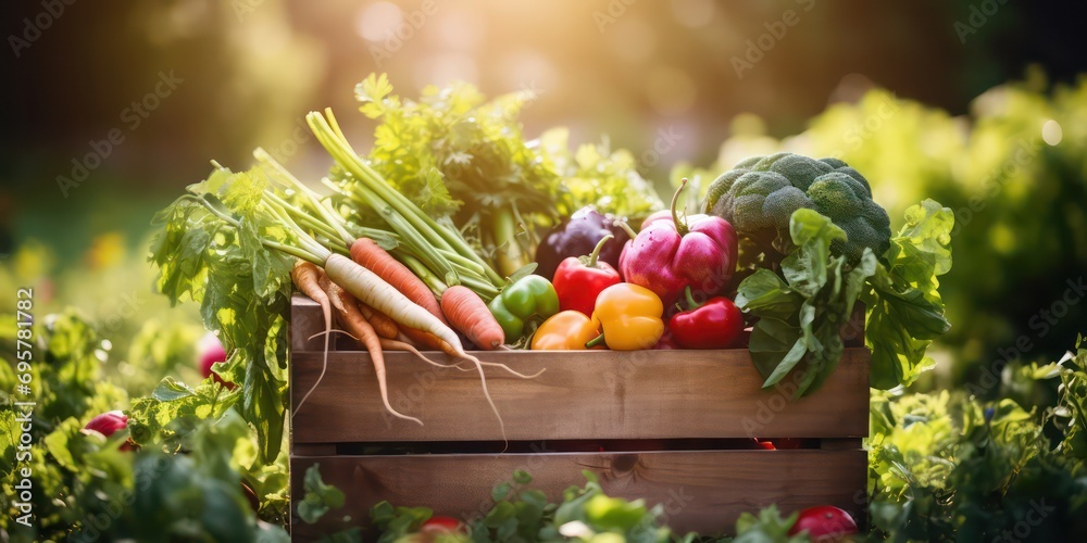 Wooden box filled with freshly harvested vegetables with sunlights shimmering and creating a defocused effect.