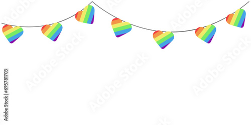 Garland of hearts in rainbow colors of the LGBT flag for pride decoration . Valentine's day banner background with space for text. copy space. vector illustration isolated on white background.