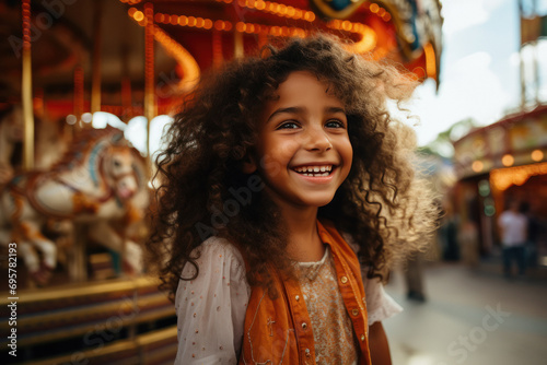 Cute little girl child playing on carousel at amusement park.