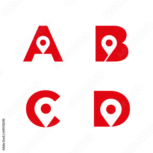Letter A B C D logo with location icon. A B C D pointer logo template, gps logo initials