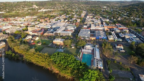 Lismore City Bowling and Recreation Club On The Riverbank In New South Wales, Australia. aerial shot photo