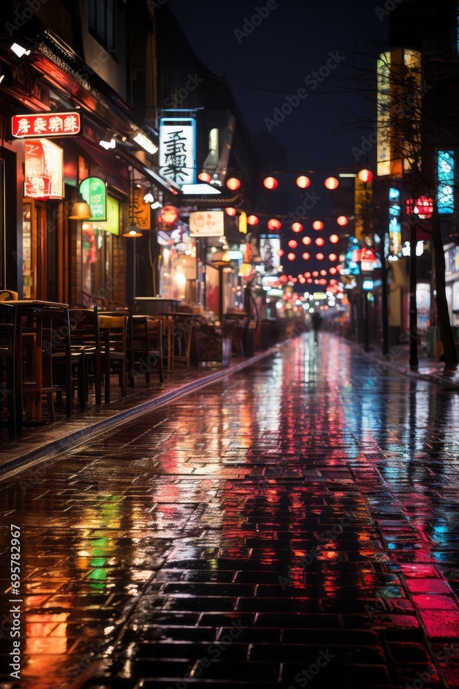 Trendy district known for its fusion cuisine and hip bars as night falls, Generative AI