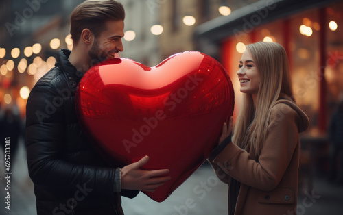 couple holding heart shape balloon and giving romantic pose