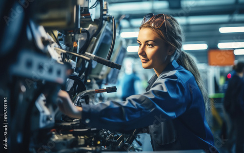 Young female mechanic working at manufacturing plant. photo