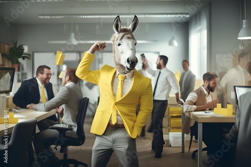 April Fools' Play: Dapper donkey leads blurred office team—a whimsical blend of humor and satire. photo