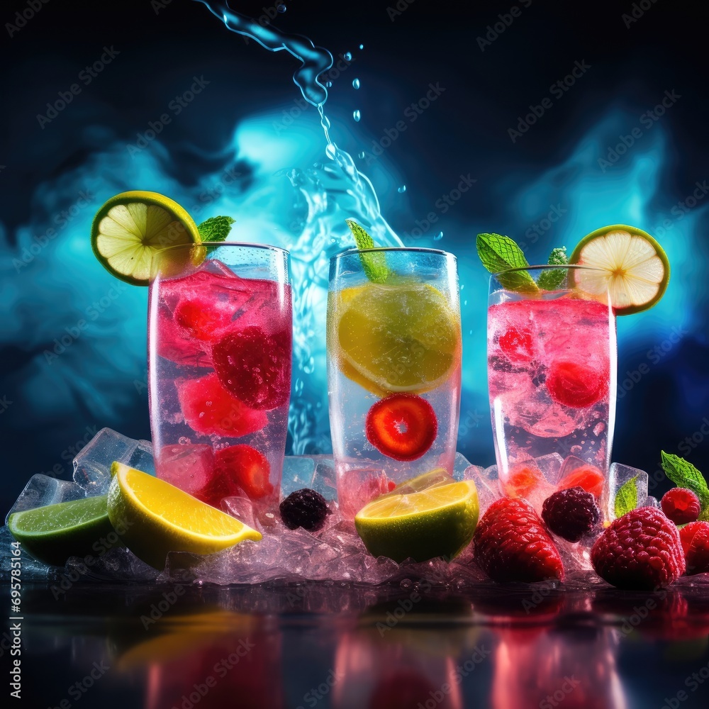Revitalize: Dynamic Hydration Mixing in Neon Backlight, Vibrant Blur, Textured Surfaces, Sporty Bottles, Fruit Infusions, Fitness Fuel, Striking Arrangement Capturing Hydration's Fitness Essence