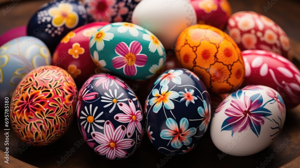 Lots of vibrant Easter eggs with floral pattern. Festive background.