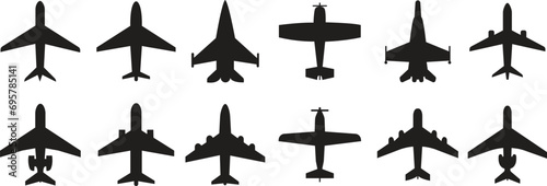 Set of Airplane flight ticket air fly travel takeoff silhouette elements. Travel icon. Airplane vectors designed in black Fill style can be used for web and mobile app on transparent background.