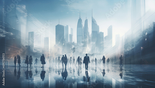 Abstract motion image of business people crowd walking in city downtown