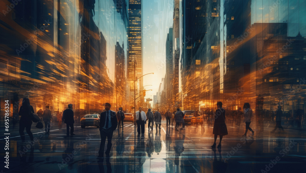 Abstract motion image of business people crowd walking in city downtown