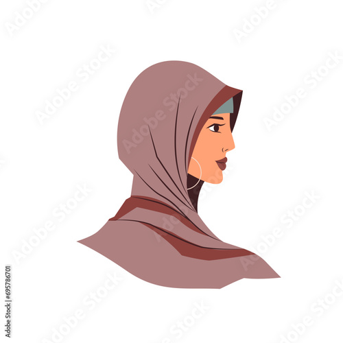 Vector portrait of beautiful young woman in a headscarf. Female face of a Muslim girl in profile isolated on a white background. photo