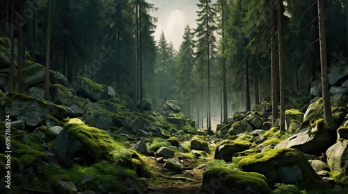 wilderness landscape forest with pine trees and moss photo