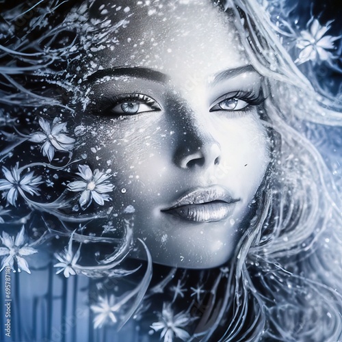 Winter beauty. Beautiful young woman with snowflakes in her hair.