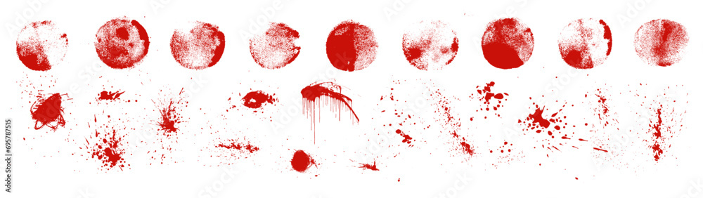 Set of vector blood splatter textures. Red bloodstain horror background splashes. Grungy hand drawn sponge stamp circles, liquid spray paint, isolated realistic spilled ink. Grunge crime elements