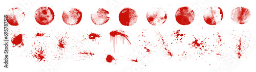 Set of vector blood splatter textures. Red bloodstain horror background splashes. Grungy hand drawn sponge stamp circles, liquid spray paint, isolated realistic spilled ink. Grunge crime elements