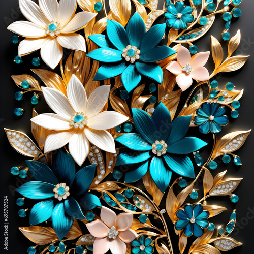 Captivating flower illustration with crystals, jewelry, and gold, embodying elegance and charm. Harmonizing beauty and radiance in a graphic masterpiece.(Generative AI) 