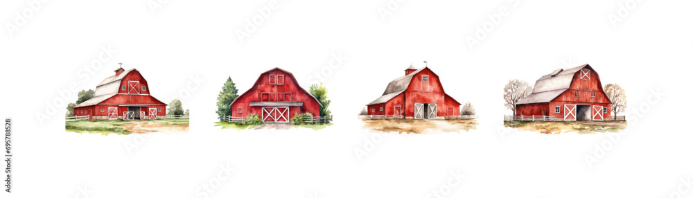 Watercolor Red Farm Barn set. Vector illustration design. - obrazy, fototapety, plakaty 