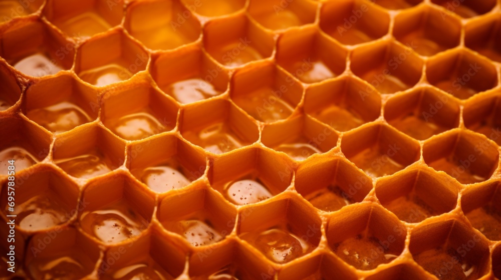 A macro photograph of a honeycomb pattern, highlighting the fine details and intricacies for use as a textured background