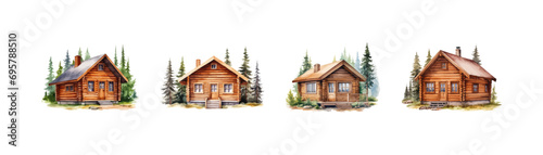 Watercolor Wooden Cabin set. Vector illustration design.