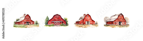 Watercolor Red Farm Barn set. Vector illustration design. photo