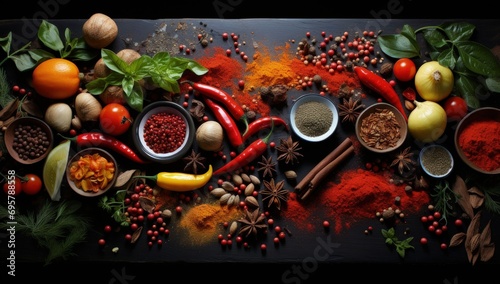 an assortment of spices and ingredients on a black countertop, in the style of innovative page design, rustic scenes, aerial view, light aquamarine and red, martin rak, expansive, tondo photo