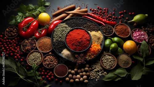 an assortment of spices and ingredients on a black countertop, in the style of innovative page design, rustic scenes, aerial view, light aquamarine and red, martin rak, expansive, tondo photo