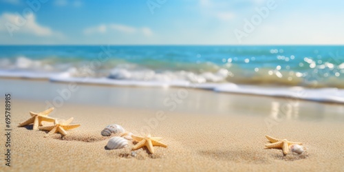 Savor a summer vacation on the Golden sand meets the tranquil blue sea, creating a summer beach backdrop with sunlights shimmering.