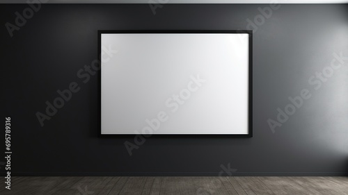 horizontal view of an empty frame hanging on the wall with a dark background AI generated