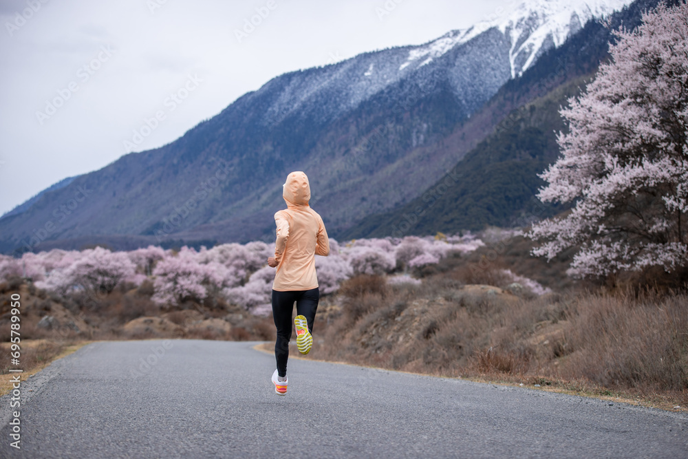Woman running in spring tibet,peach flowers blooming and snow capped mountains in the background, China