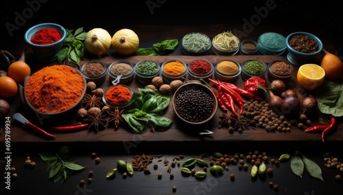 a wooden board and spices on a black wooden counter, in the style of colorful collage, terracotta, arnoldo pomodoro, aerial view, dark cyan and red, martin rak, texture-rich