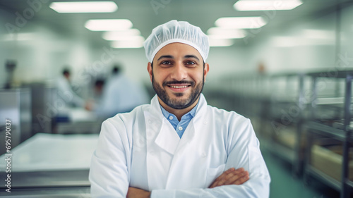 Portrait of a male proud food factory manager smiling at the camera.
 photo