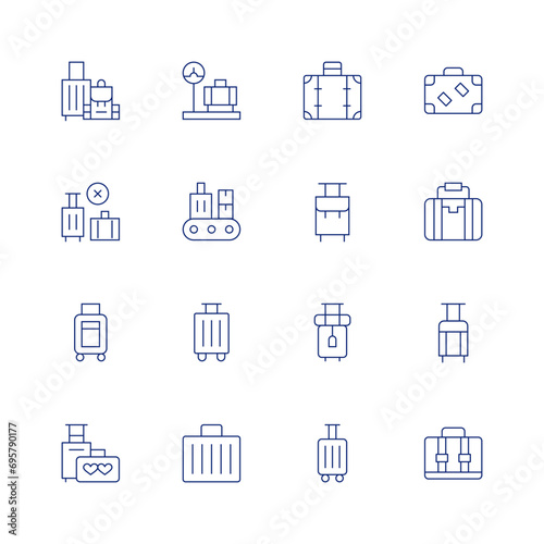 Suitcase line icon set on transparent background with editable stroke. Containing luggage, no travelling, migration, honeymoon, luggage scale, conveyor, suitcase.