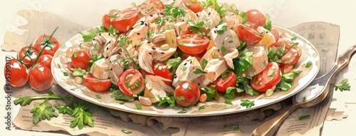 chicken salad with tomatoes, onions and chicken, in the style of light gray and emerald, crisp and clean look
