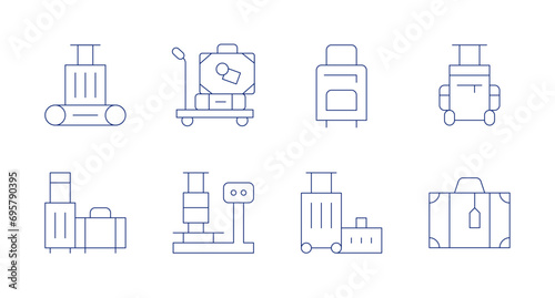 Suitcase icons. Editable stroke. Containing conveyor belt, luggage, travel, scale, trip, suitcase.