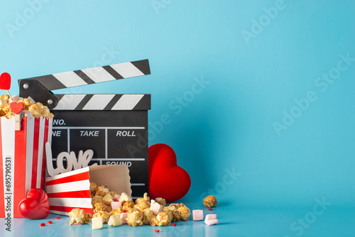 Romantic evening at movies on Valentine's Day: side view clapper, boxes with spilled popcorn, heart decor on table. Love inscription, marshmallow, sprinkles against blue wall, creating magical vibes