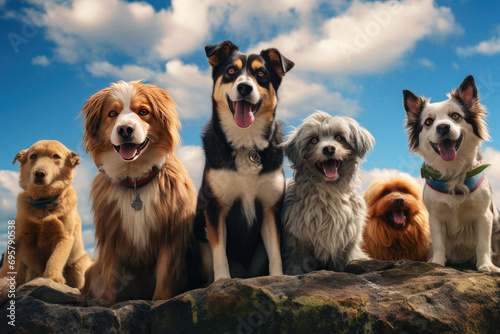 Happy group of dogs looking at camera and smiling