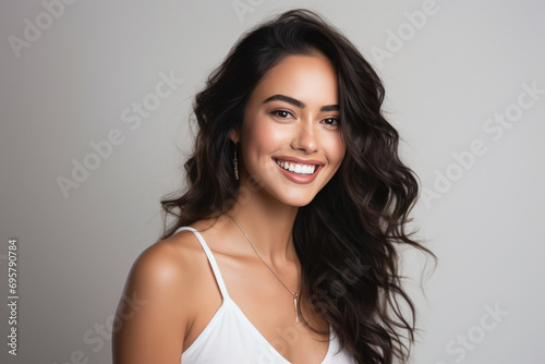 Young and beautiful indian woman smiling on white background.