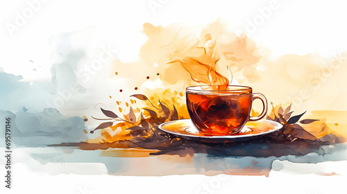 Illustration of a cup of hot tea. Copy space.