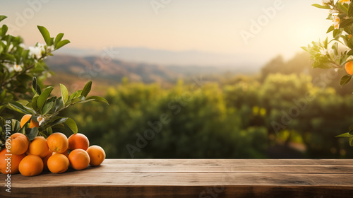 oranges fruits on wooden table with farms views background for products montage, healthy food collection for represent concept of organic fruits, fresh ingredient, food and wellness theme photo