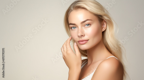 Portrait beautiful young blonde woman with clean fresh skin. Model with healthy skin, close up portrait on beige background. Cosmetology, beauty and spa. 